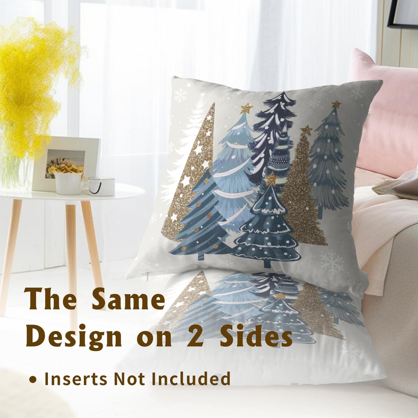 Mweet Christmas Tree Pillow Covers 20x20 Inch, Set of 2 Xmas Blue Pine Trees Snowflakes Winter Holiday Pillowcases Square Cushion Cover Farmhouse Home Decor for Living Room Sofa Couch