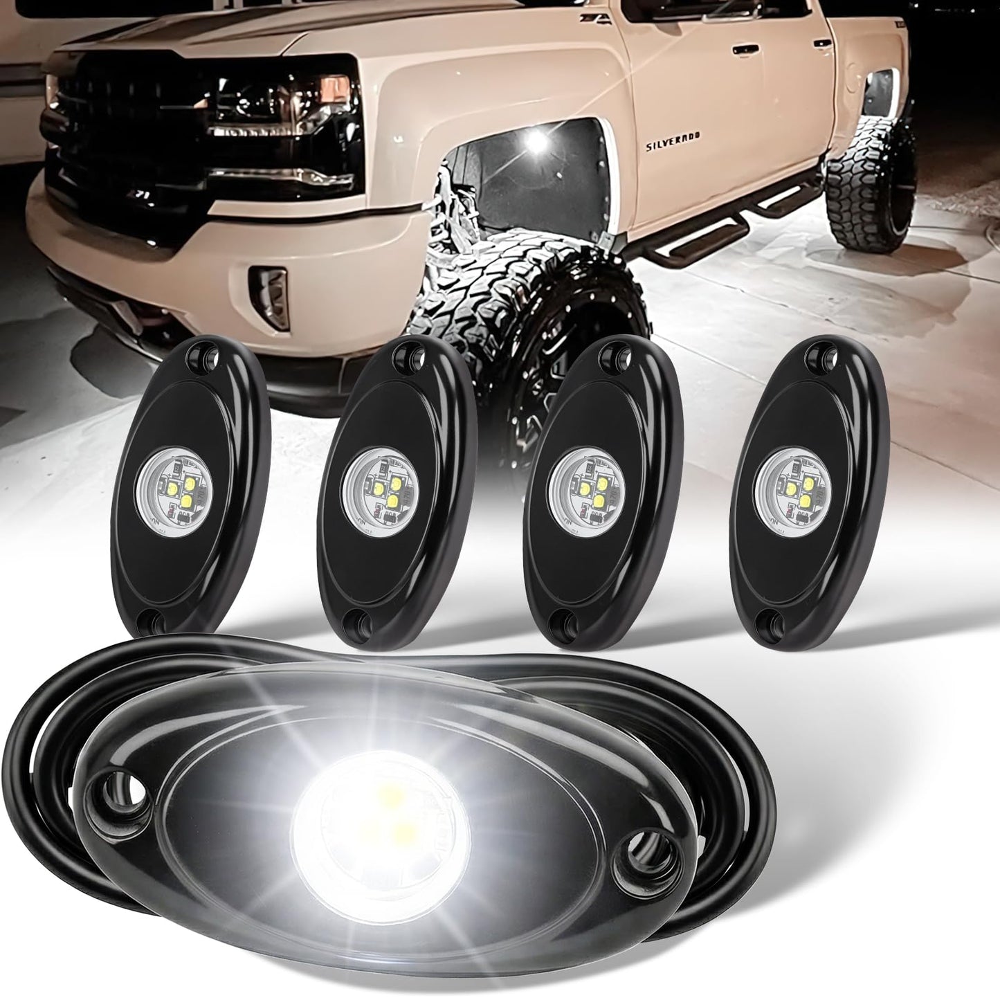 YONEDA 4 Pods White Rock Lights 6000K 3LED Bright LED Underglow Lights IP68 Waterproof for Trucks SUV UTV ATV RZR Car Boats Pickup Motorcycle