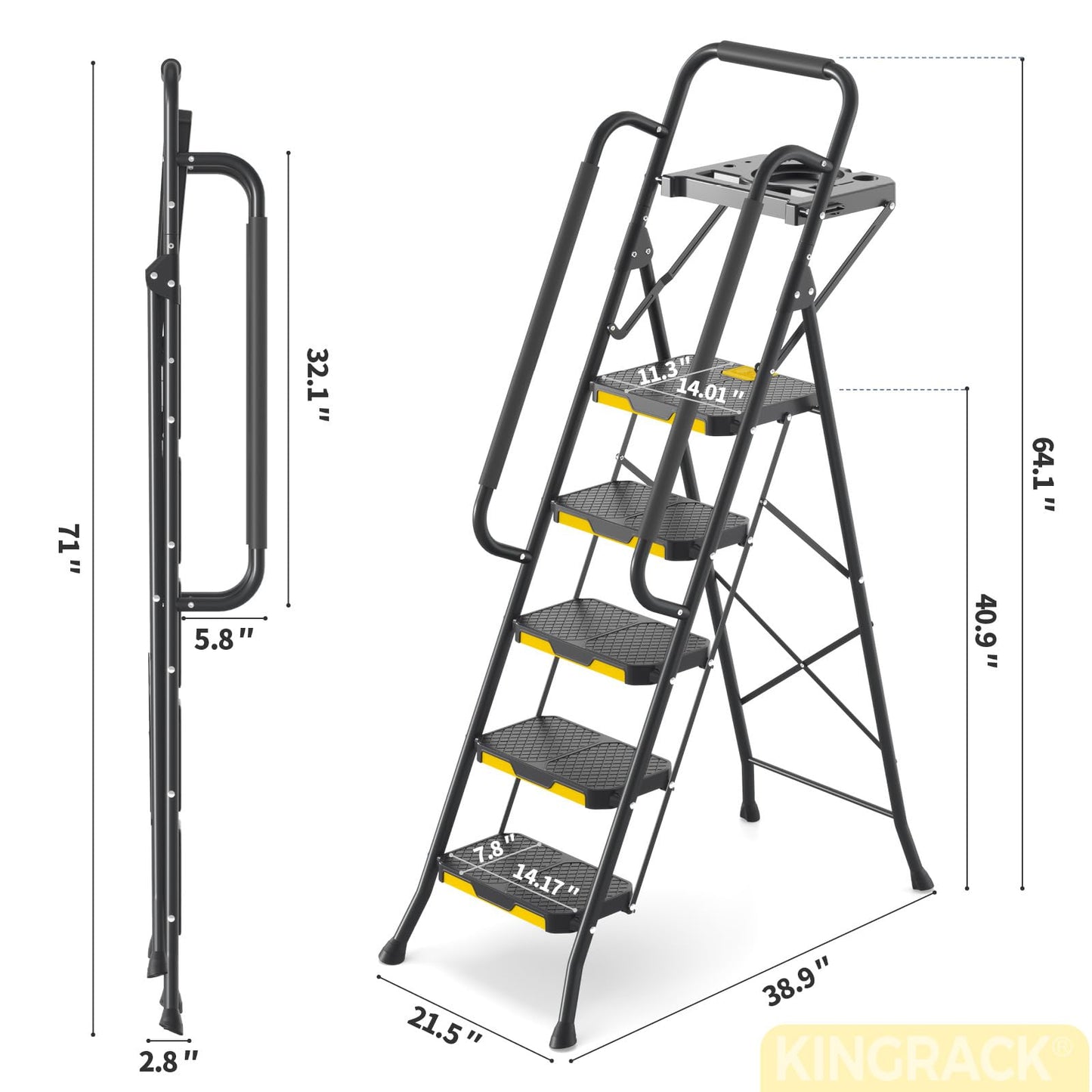 KINGRACK 5 Step Ladder, Sturdy Steel Step Stool with Anti-Slip Wide Pedals, Handrail, Safe-Lock Design, 800lbs Folding Portable Ladder for Multi-Purpose, Home, Kitchen