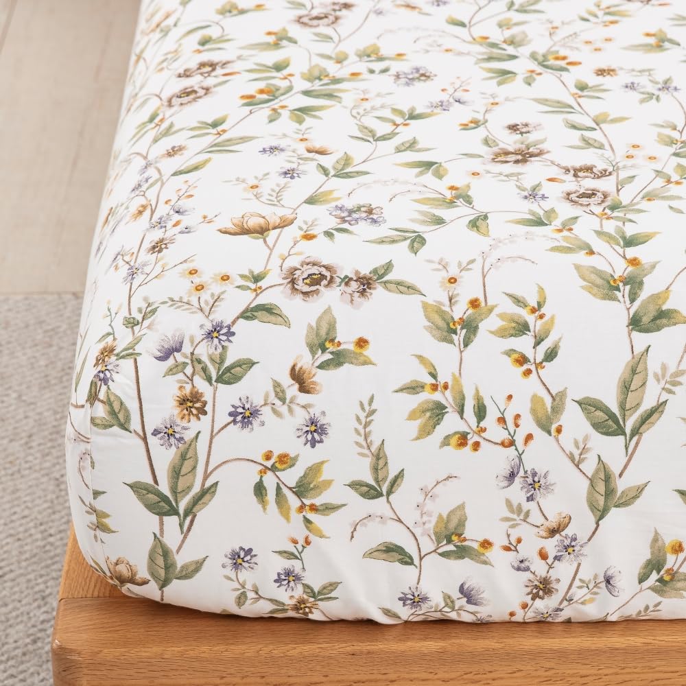 DAUAOTO 100% Cotton Bedding Printed Sheets Set for King Size Bed Up to 14" Deep Mattress, Farmhouse Pattern Bedlinen Sets, Botanic Green