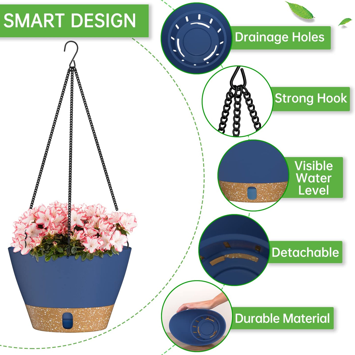 ZMTECH 2 Pack 10 Inch Hanging Planters for Indoor Plants, Modern Hanging Planter with Visible Water Level Window & Removable Tray, Decorative Plant Hanger Indoor for Home Garden