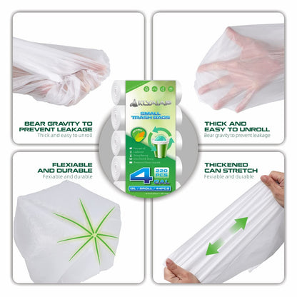 220 Counts Aklyaiap 4 Gallon Trash Bag,Tear & Leak Resistant Bathroom Biodegradable Small Garbage Can Bags Unscented for Home & Kitchen, 5Rolls, White
