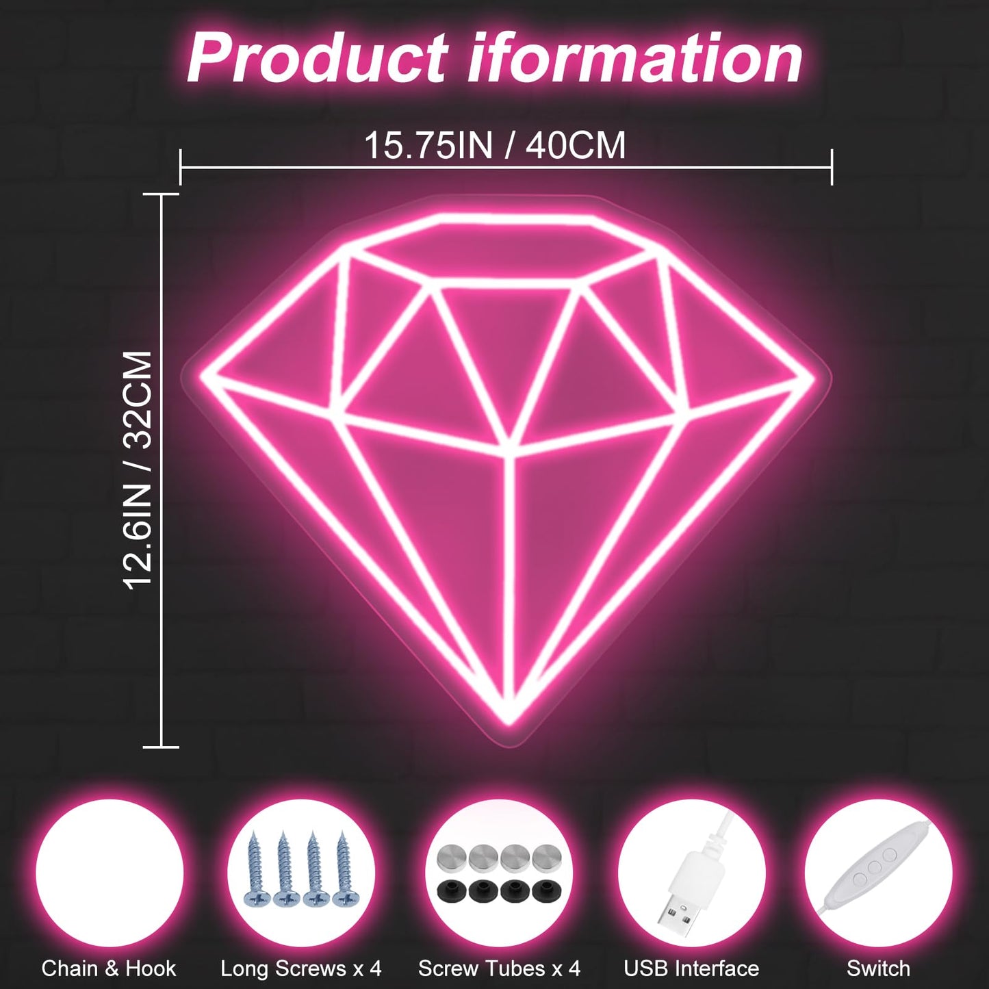 Diamond Neon Sign for Wall Decoration, Glowing Neon Sign, Adjustable Brightness Shining LED Sign Night Light for Man Cave Bedroom, Wedding, Living Room, Party, Bar, Office Decoration-Pink