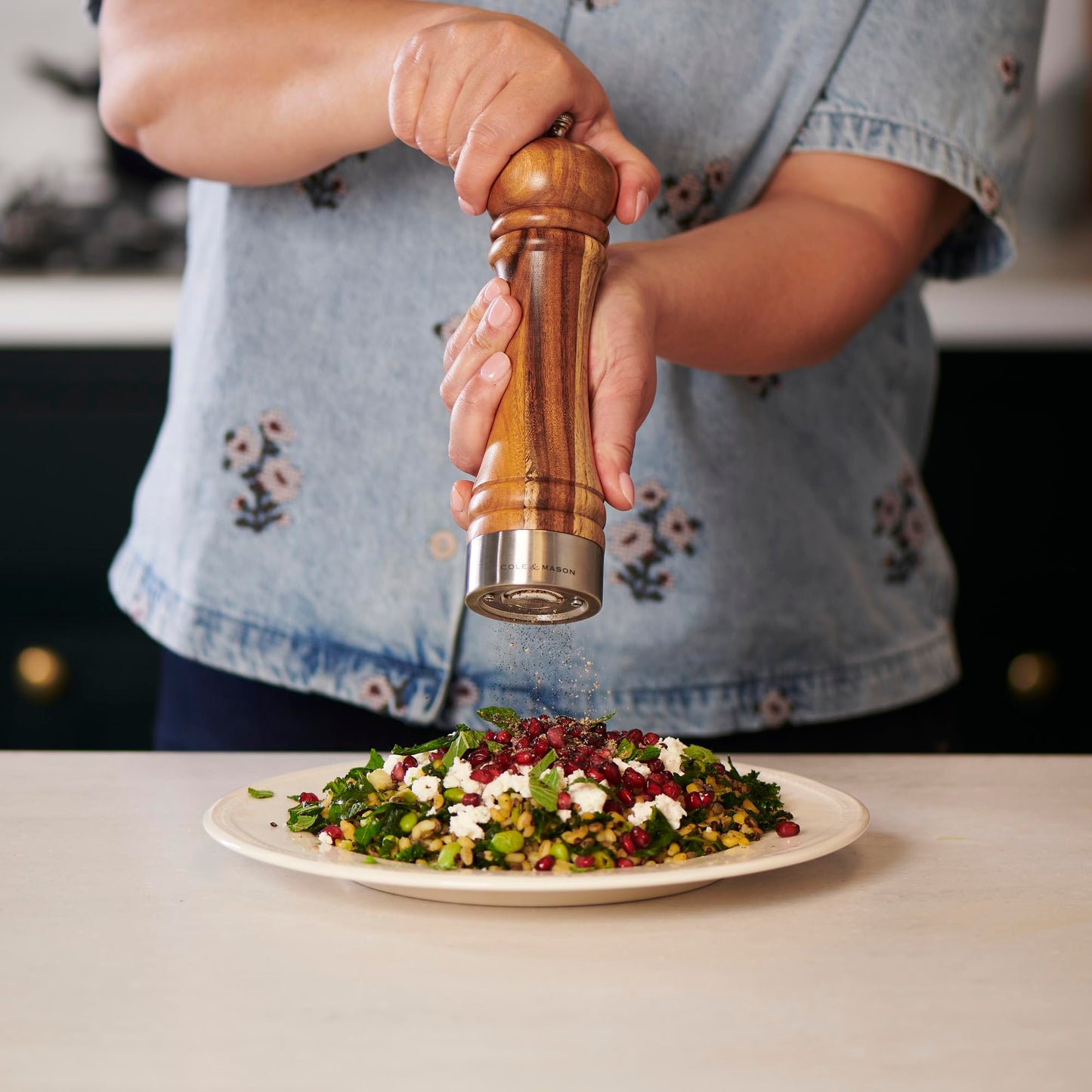 Cole & Mason Camden Acacia Salt & Pepper Mill - Dual-Use Grinder - Interchangeable Knobs - Adjustable Fine-to-Coarse Grind - Stylish Acacia Wood Kitchen Tool - 8 Inch