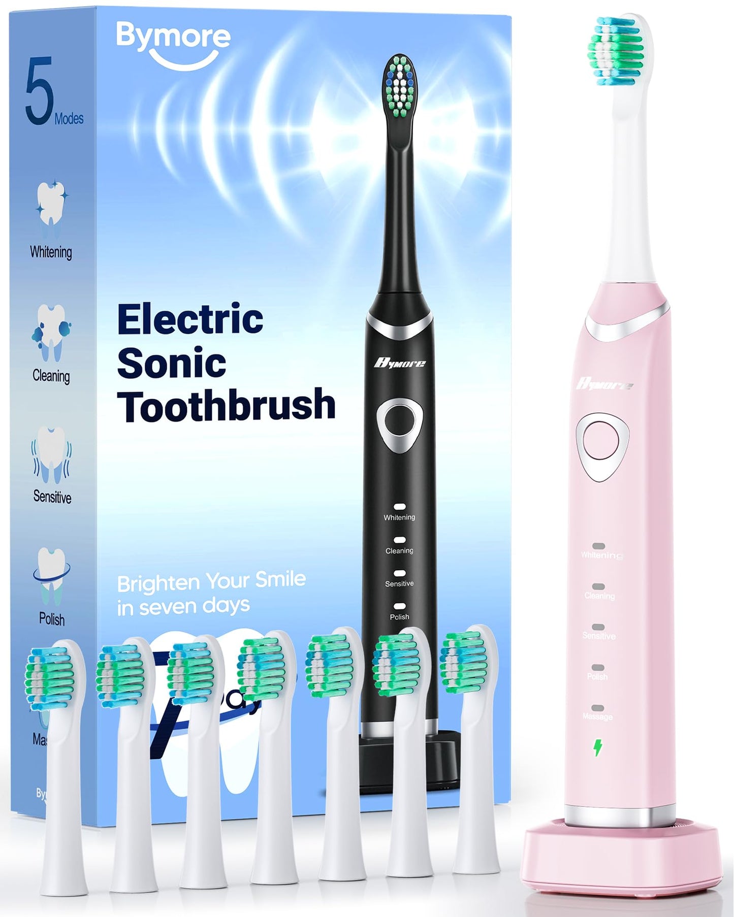Bymore Electric Toothbrush for Adults,Travel Sonic Toothbrush with 8 Replacement Heads, Ultra Clean Rechargeable Toothbrush Portable One Charge for 330days 5 Modes 2mins Timer-Black