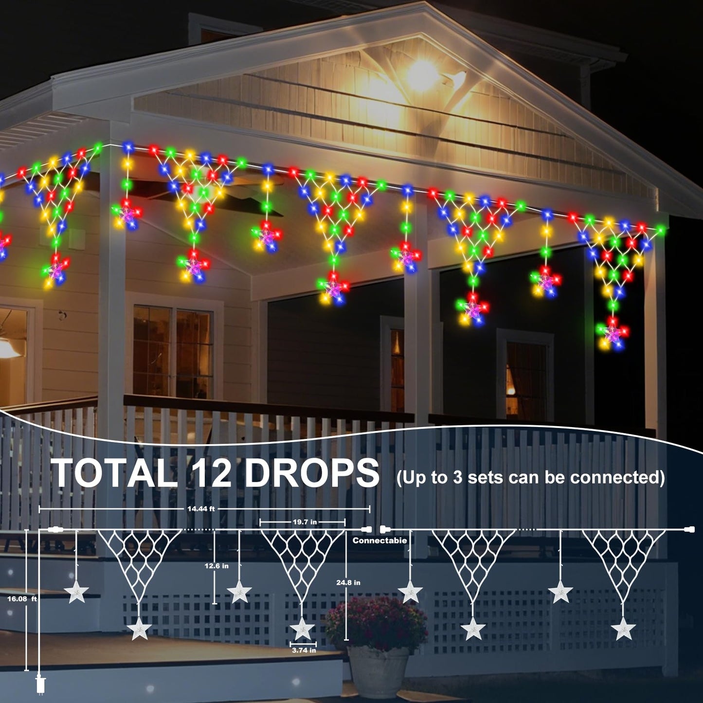 Ramadan Outdoor String Lights Waterproof, 218 LED 13.8FT Star Curtain Fairy Lights with 12 Drops Connectable Clear Wire Christmas Light Decorations 8 Modes for Eaves Yard Wedding Party Holiday Decor
