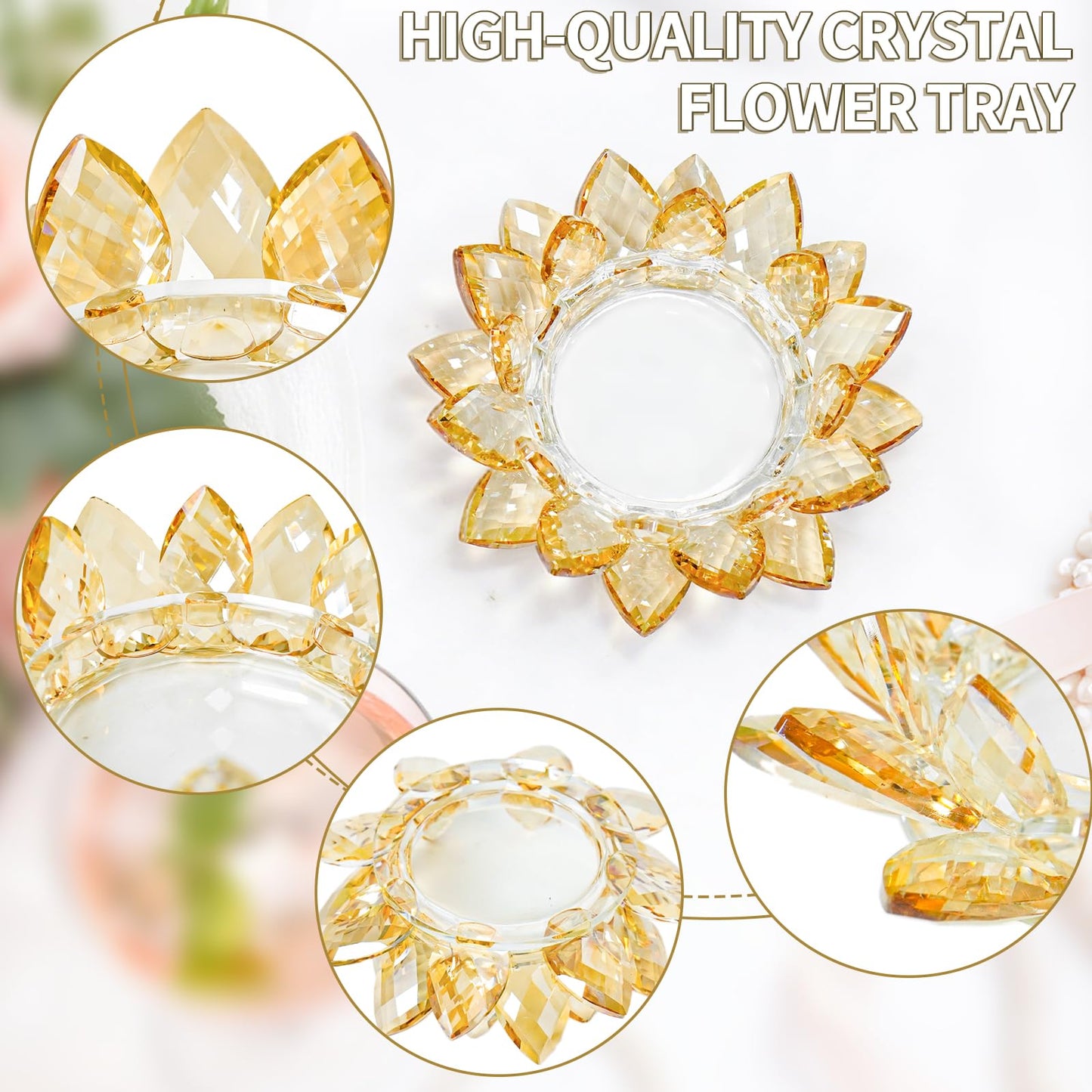 Large Crystal Lotus Tealight Candle Holder for Up to 6" Diameter Pillar Candle Plate Candlestick,Chunky Glass Votive Stand for Wedding, Party, Table Centerpiece Decor and Yoga Meditation (2, Gold)
