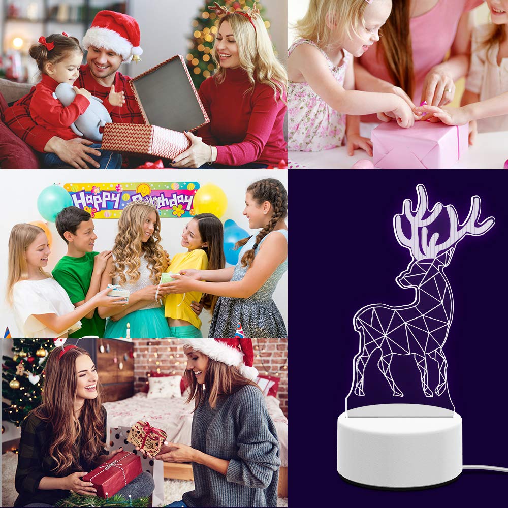 3D Illusion Toys Night Lightfor Kids, AKIVIDA 3D Christmas Deer Light Three Pattern Decor Lamp Best Gifts for Boys Girls on Birthday Graduation Festival Halloween Christmas