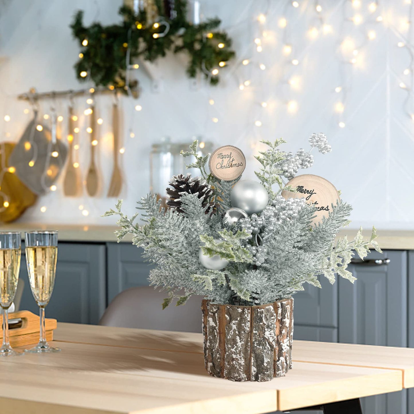 Super Holiday Small Winter Christmas Tree, Artificial Mini Tabletop Christmas Tree Decorations with Christmas Ornaments, for Home Party Thankgivings Christmas Decor, Silver/White-Indoor.