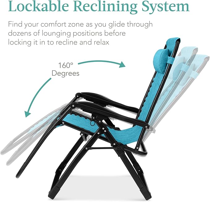Best Choice Products Oversized Zero Gravity Chair, Folding Outdoor Patio Recliner, XL Anti Gravity Lounger w/Removable Cushion, Cup Holder, Side Tray, 350lb Capacity - Light Blue