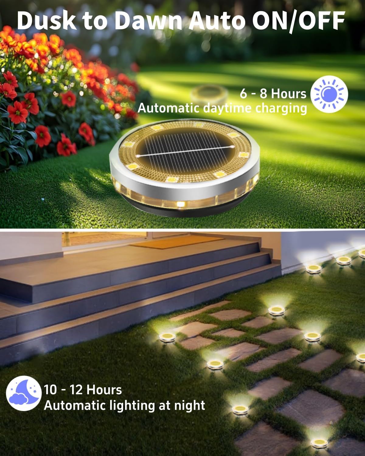 Solar Ground Lights Outdoor 12 Pack Waterproof, Upgraded Solar Garden Lights with 4 Side Light, Stainless Steel Solar Powered Disc Landscape Light for Walkway Pathway Lawn Yard Patio Deck-Warm White