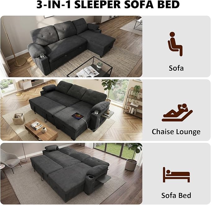 93" L Shaped Sleeper Sofa Bed, Pull Out Sectional Couch