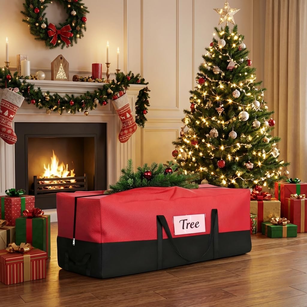 Christmas Tree Storage Bag - Fits Up to 8 Ft Tall Artificial Trees, Heavy Duty Holiday Storage Box With Reinforced Handles, Zipper & Transparent Pocket - 600D Oxford Container, Red