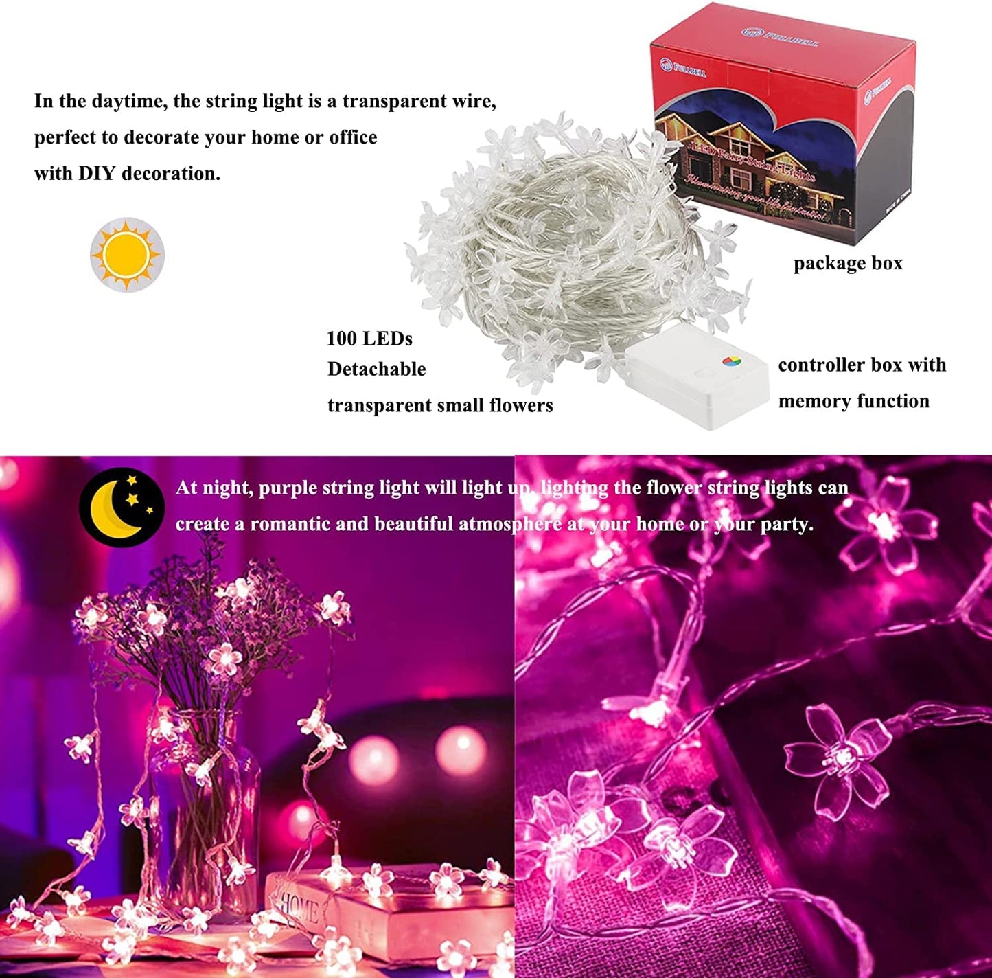 33ft 100 LED Connectable Fairy Pink Flower String Lights 8 Modes for Valentine's Day Wedding Party Christms Decor, Light Up Romantic Bedroom Window Tree Home Indoor Outdoor Hanging Decorations