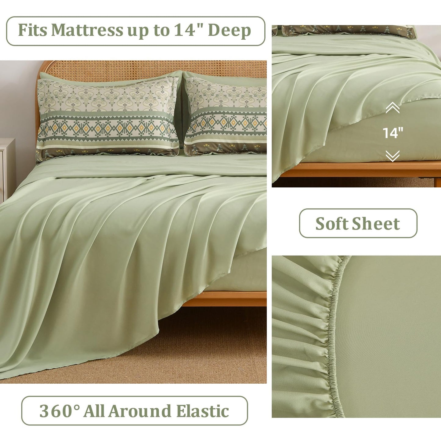 Comforter Set King Size Boho,7 Pieces Bohemian Bedding Comforter Set Striped Bed in a Bag,Grey Green Paisley Floral Comfortet and Sheet Set,Soft Green Gray Bedding Sets for Family