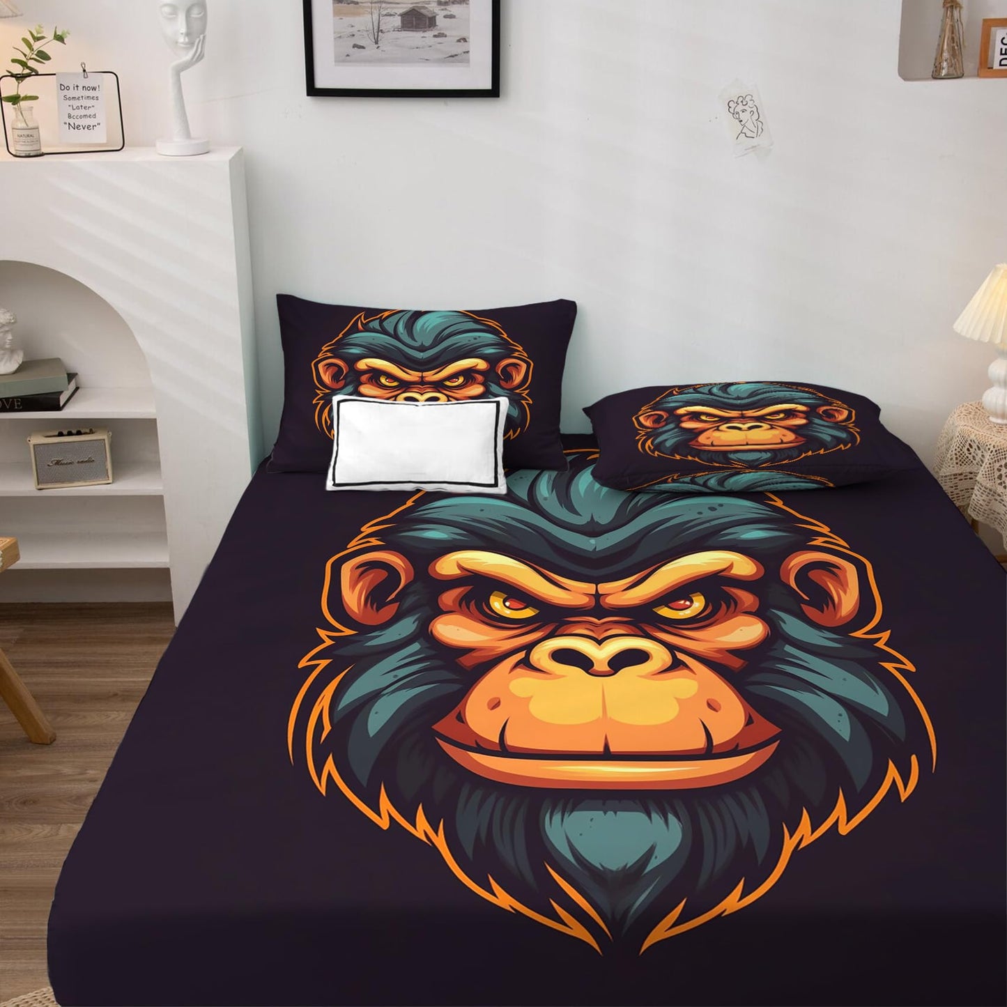 Chimpanzee Sheets King Size, Gorilla Bed Sheets, Patterned Bedding Sheets & Pillowcases 4 Piece Set - Soft Microfiber Deep Pocket Fitted Sheet & Flat Sheet & 2 Pillow Cases J9-&-193
