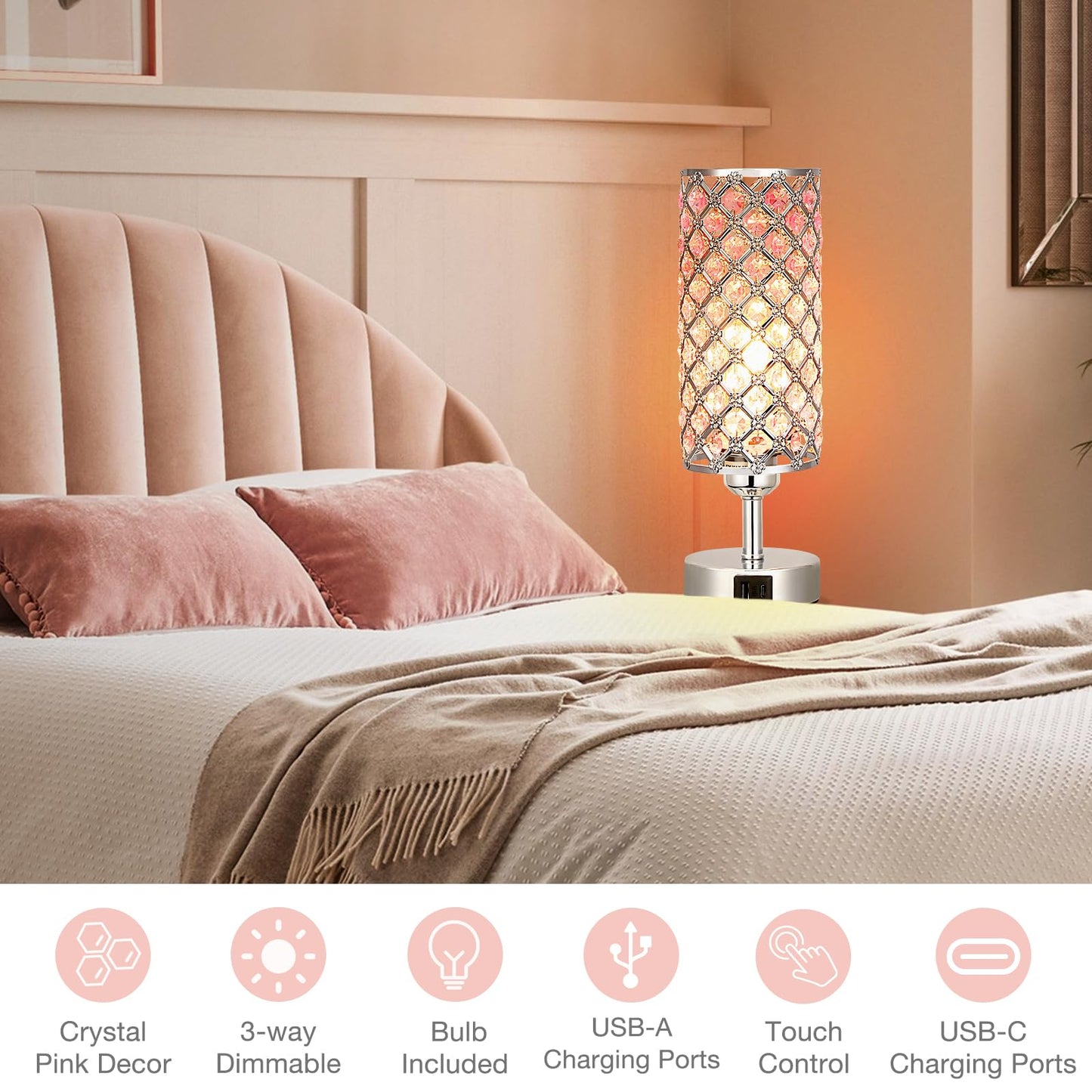 Hong-in Crystal Table Lamp, Pink Touch Lamp with USB C+A Ports, 3 Way Dimmable Bedroom Light with Crystal Shade, Bedside Nightstand Small Lamp for Girl Bedroom, Living Room(Buld Included)