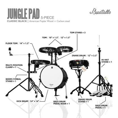 Beatello Jungle Pad Compact Portable Adult 5pc Drum Set, 1.5 inches ultra-thin steel drum Cavity,14 Inches Complete Full Size Kit with Bass, Toms, Snare, Floor,Stands, Hi-Hat Pedal,Drum Pedal,Black