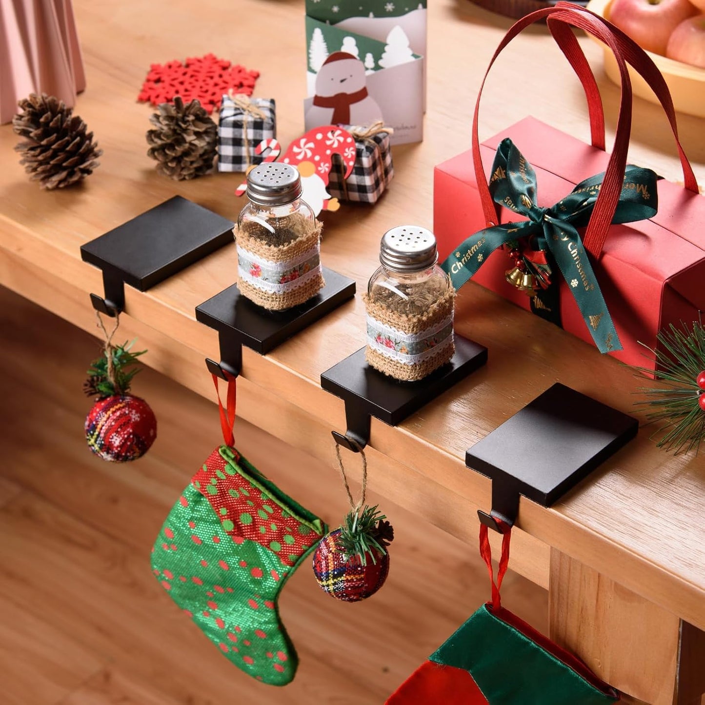 ARCHCRTC 2 Pcs Christmas Stocking Holders Hanging Hooks Heavy Duty Mantel Stocking Holder Bases Weighted Metal Stocking Hangers for Shelf Fireplace Stair Xmas Party Decor (2, Black)