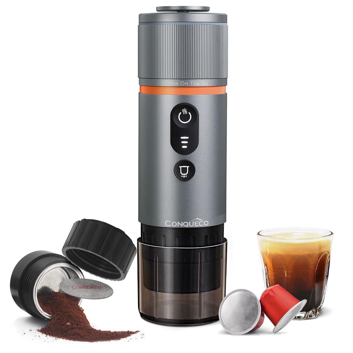 CONQUECO Self-Heating Portable Espresso Machine: Travel Coffee Maker with 13500mAh Battery - 12v Small Electric Fast Heating - Set for Ground Coffee & NS Capsule for RV, Car, Hiking, Office, Camping