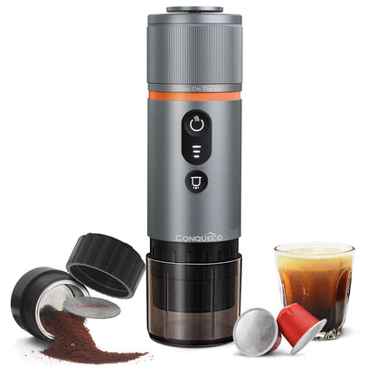 CONQUECO Self-Heating Portable Espresso Machine: Travel Coffee Maker with 13500mAh Battery - 12v Small Electric Fast Heating - Set for Ground Coffee & NS Capsule for RV, Car, Hiking, Office, Camping