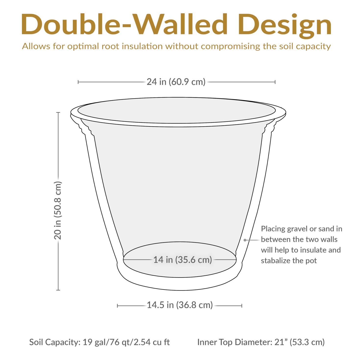 Sunnydaze 24-Inch Anjelica Large Plastic Pot for Plants - Outdoor Double-Walled Large Plastic Planter with Drillable Drainage Holes - Sable