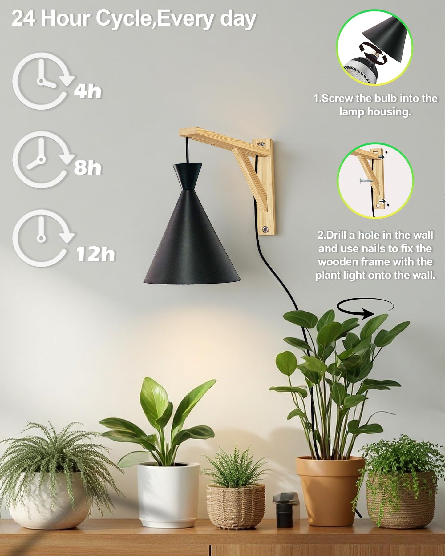 Arikashi Hanging Grow Light, LED Growing Light Full Spectrum for Indoor Plants，4/8/12H Timer, Height Adjustable Grow Lamp for Large Plants