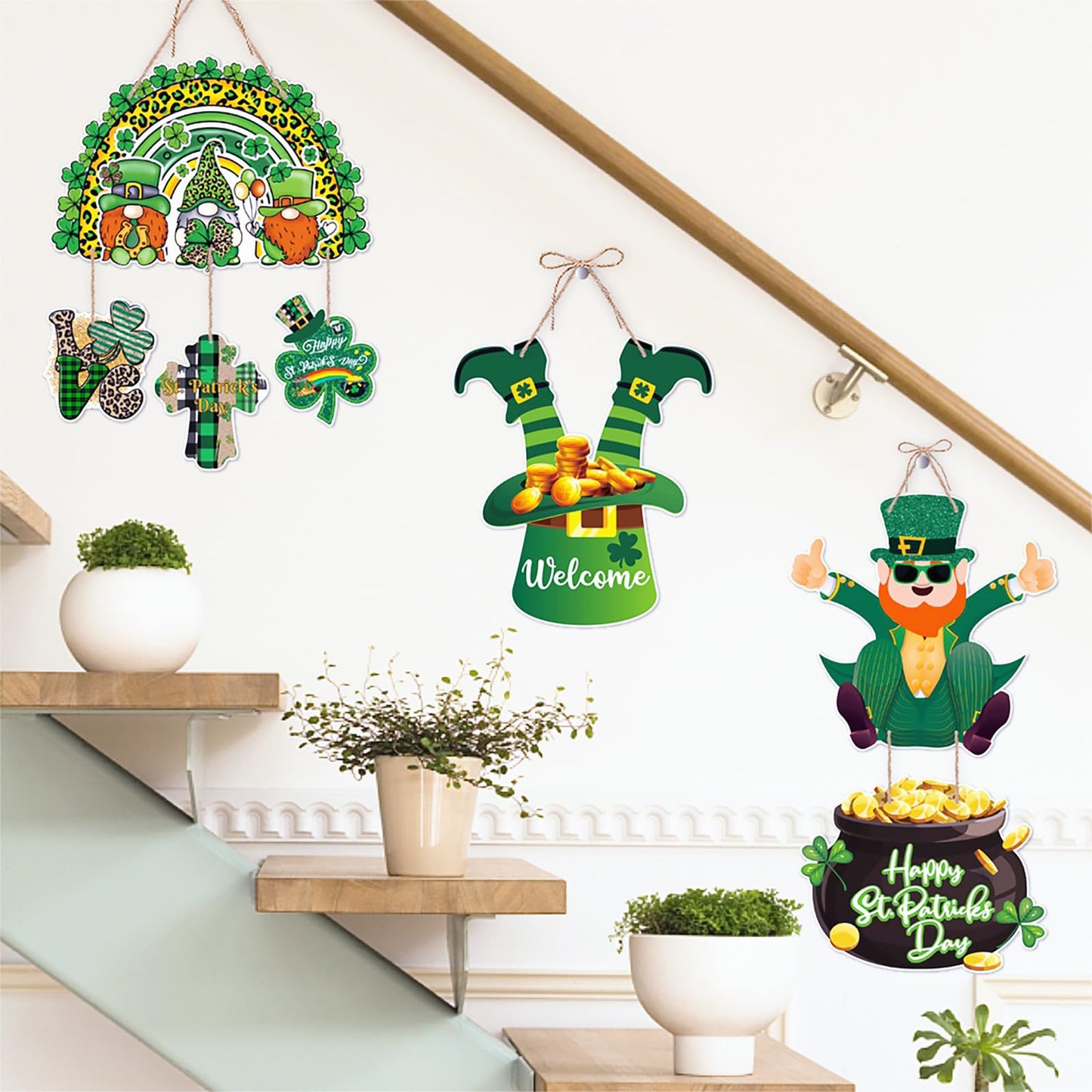 St-Patricks Day Decorations Front-Door Hanger-Decor - 5pcs Green Saint St. Patrick'S Shamrock Hat Party Paper Signs Banner, Irish Home Birthday Anniversary Wall Hanging Garland Lasting Surprise