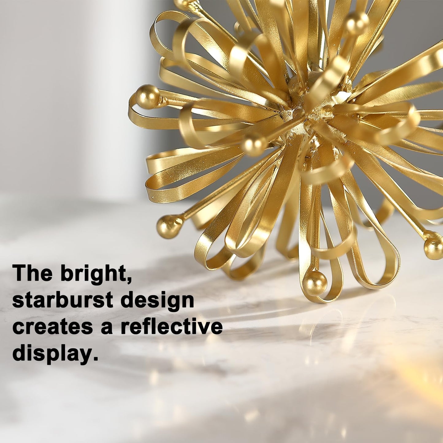 Retrome 6.7" Decorative Metal Starburst Tabletop Shelf Sculpture Accent, Gold Modern Table Decor, Looped Ribbon & Beads Edges Detailed