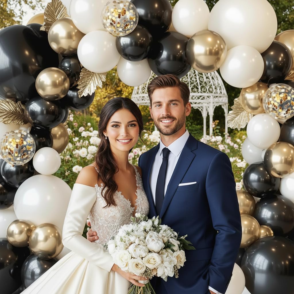PTGOLUO Black and Gold Balloon Arch Garland Kit 150pcs 2026 New Year's, Double Stuffed Pearl Sand White Black Chrome Gold Balloons Arch Kit for Graduation Father's Day Birthday Party Decoration