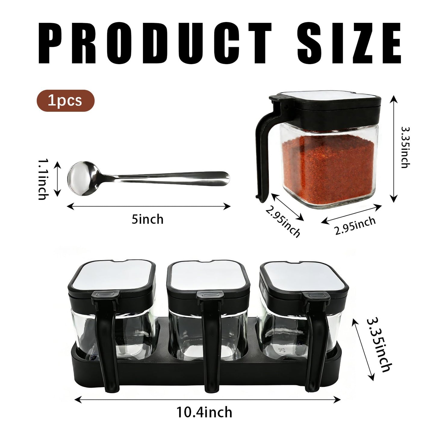 JBESUHI Set of 3 Black 8.6oz Clear Glass Condiment Jars with Lids & Spoons - Spice Canisters, Salt & Sugar Bowls for Kitchen Seasoning Storage