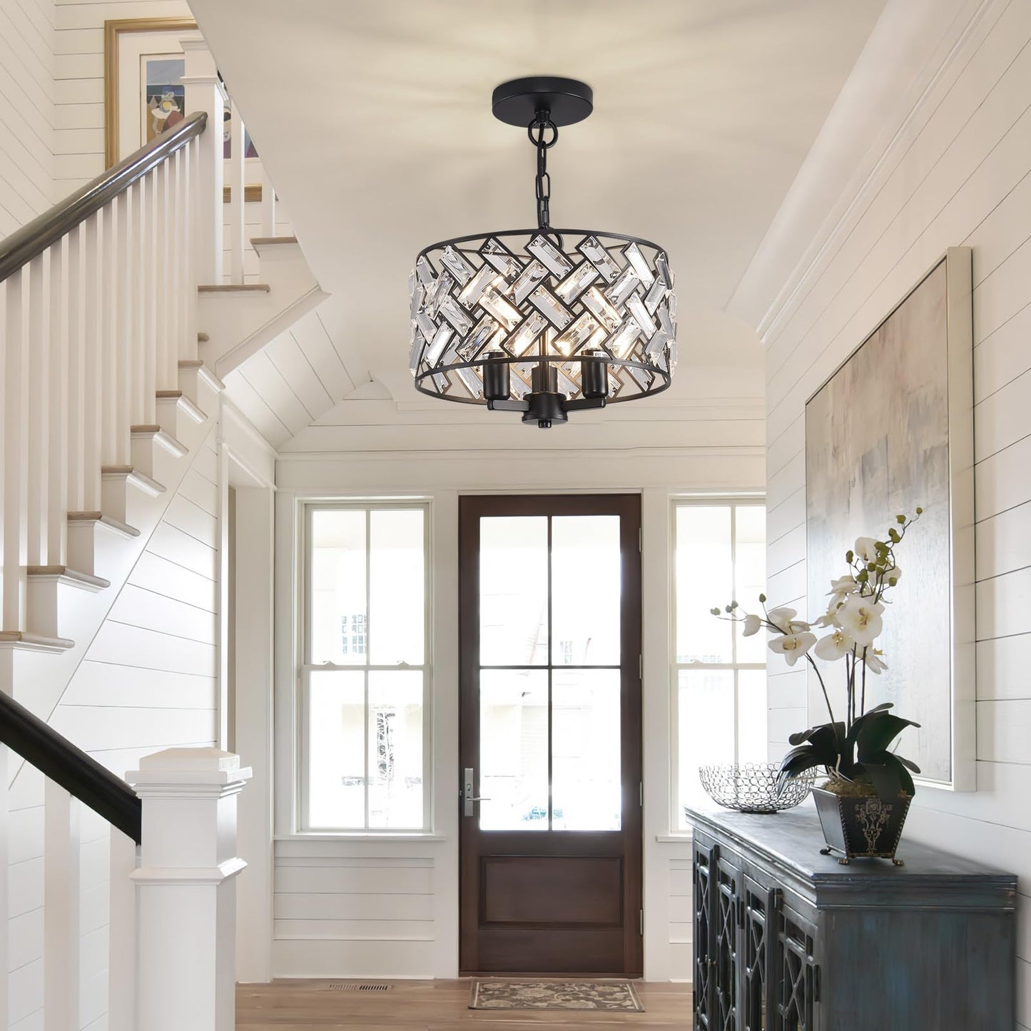 lobolighting Black Crystal Chandelier, 11'' Modern Chandelier, 3-LightSemi Flush Mount Ceiling Light Fixture for Dining Room Foyer Hallway