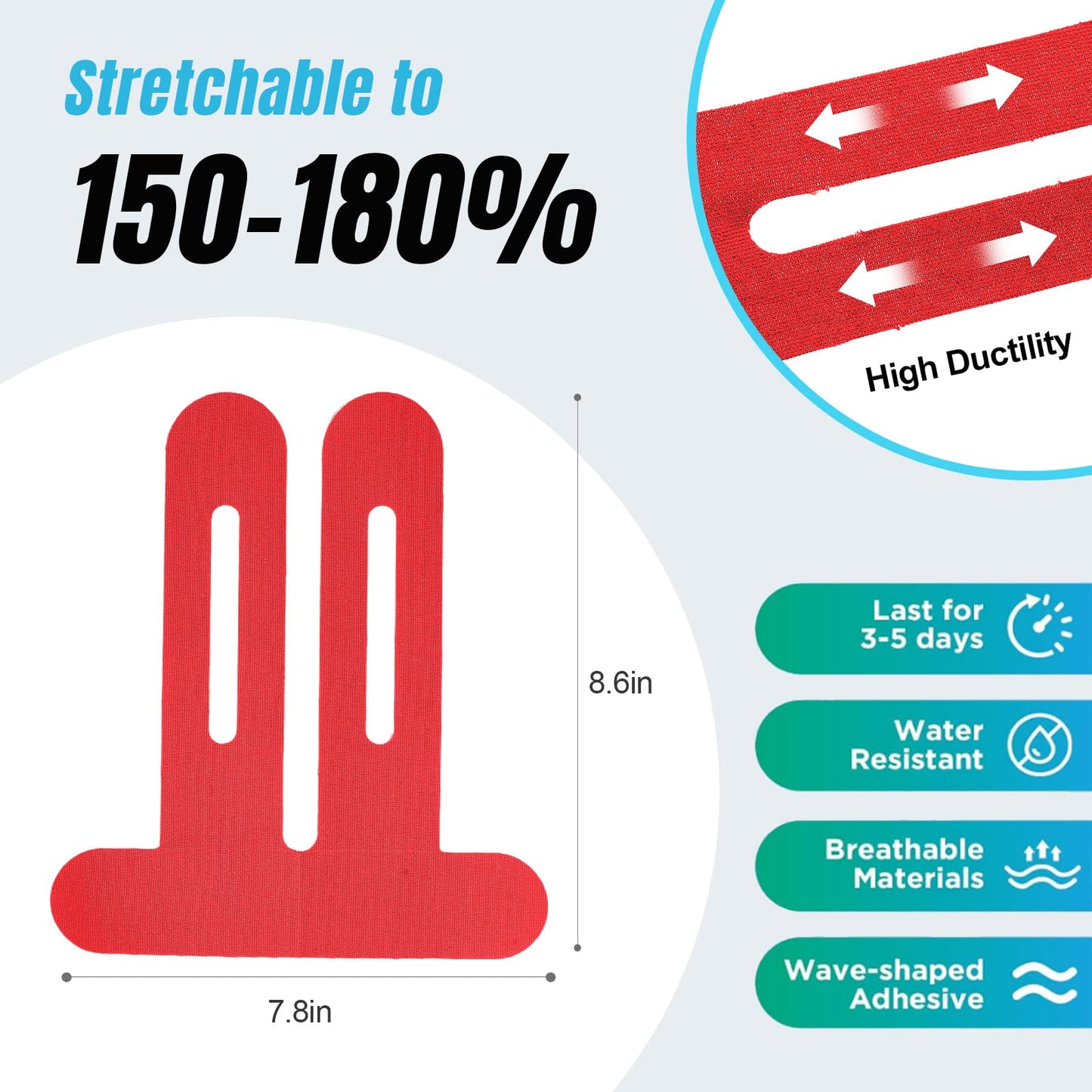10 PCS Waterproof Kinesiology Tape for Shoulders/Knees,Precut Strips for Knee Pain Relief & Stability Support, Elastic Strong Adhesive Athletic Tape, Latex-Free Hypoallergenic Sports Tape (Red)