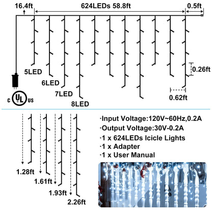 AGELCK White Icicle Lights Outdoor, 58.8FT 624 LEDs 96 Drops 8 Modes, Remote Control, Timer & Memory, Dimmable, Connectable, Waterproof Twinkly Christmas String Lights for Outside Indoor Xmas Wedding