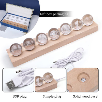 Aoyosic 7 Pcs Planet Crystal Ball Night Light Lamp with LED Wooden Base, 3D Galaxy Moon Saturn Crystal Ball Nightlight for Meditation Positive Energy Decoration for Home for Birthday Christmas Gifts