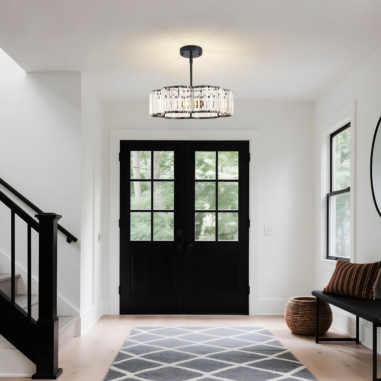etiruety Modern Black Crystal Semi Flush Mount Ceiling Light Fixtures 16 in