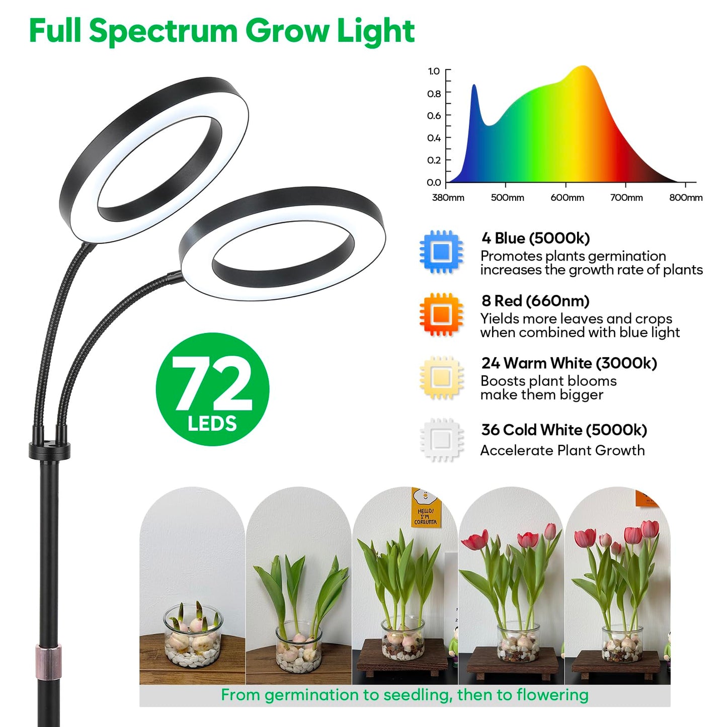 canvage Dual-Head Grow Lights for Indoor Plants, LED Full Spectrum Plant Lamp with Timer 3/9/12H, 10 Dimmable Levels, Flexible Gooseneck, Height Adjustable 14"-23" for House Plants & Seedlings