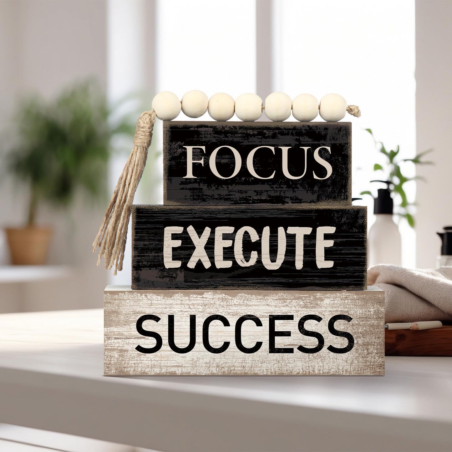 Yuntau 4 Pcs Motivational Desk Decor Wooden Office Decor Inspirational Tiered Tray Decoration Rustic Retro Wood Bead Garland Focus Execute Success Block Sign Farmhouse Centerpiece for Home Shelf