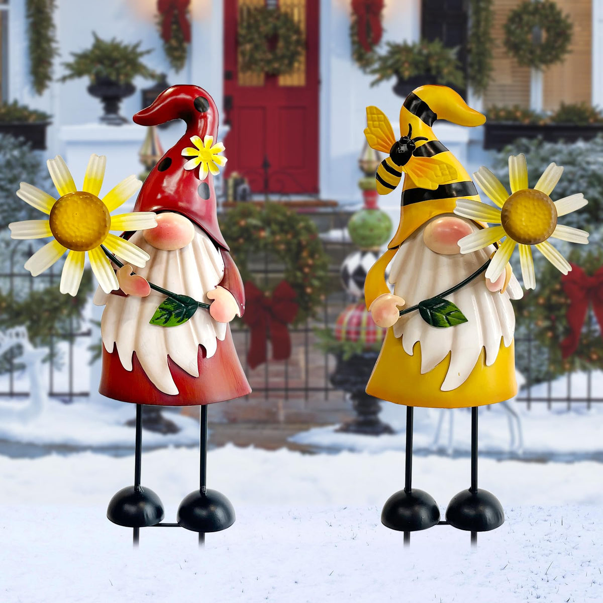 HONGLAND Gnomes Decorations for Yard - Metal Gnome Outdoor Decor Bee Ladybug Garden Statue- Christmas Decoration Thanksgiving Holiday Lawn Patio Yard Stakes (Set of 2)