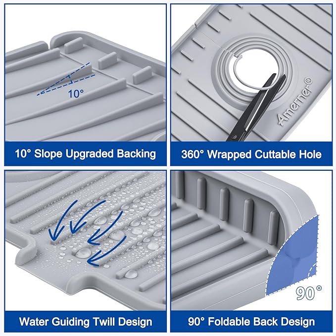 20 inch Kitchen Sink Splash Guard, 10° Large Slope & Adaptable Hole Faucet Mat