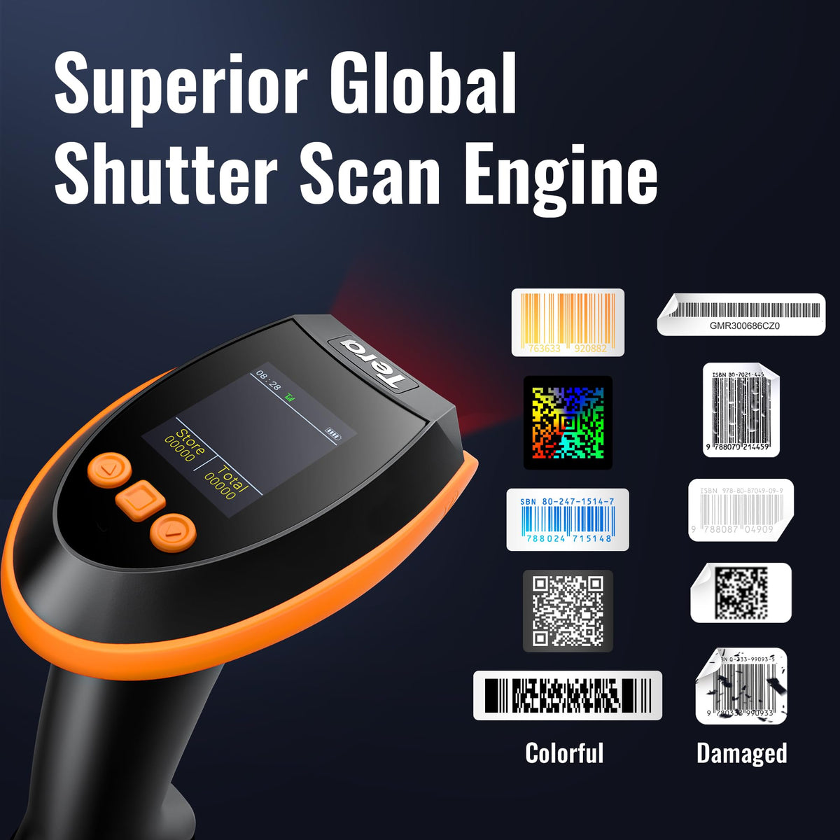 Tera Barcode Scanner Wireless with Screen: Pro Version 1D 2D QR with Setting Keypad Charging Cradle Works with Bluetooth 2.4G Wireless USB Wired Handheld Bar Code Reader HW0009