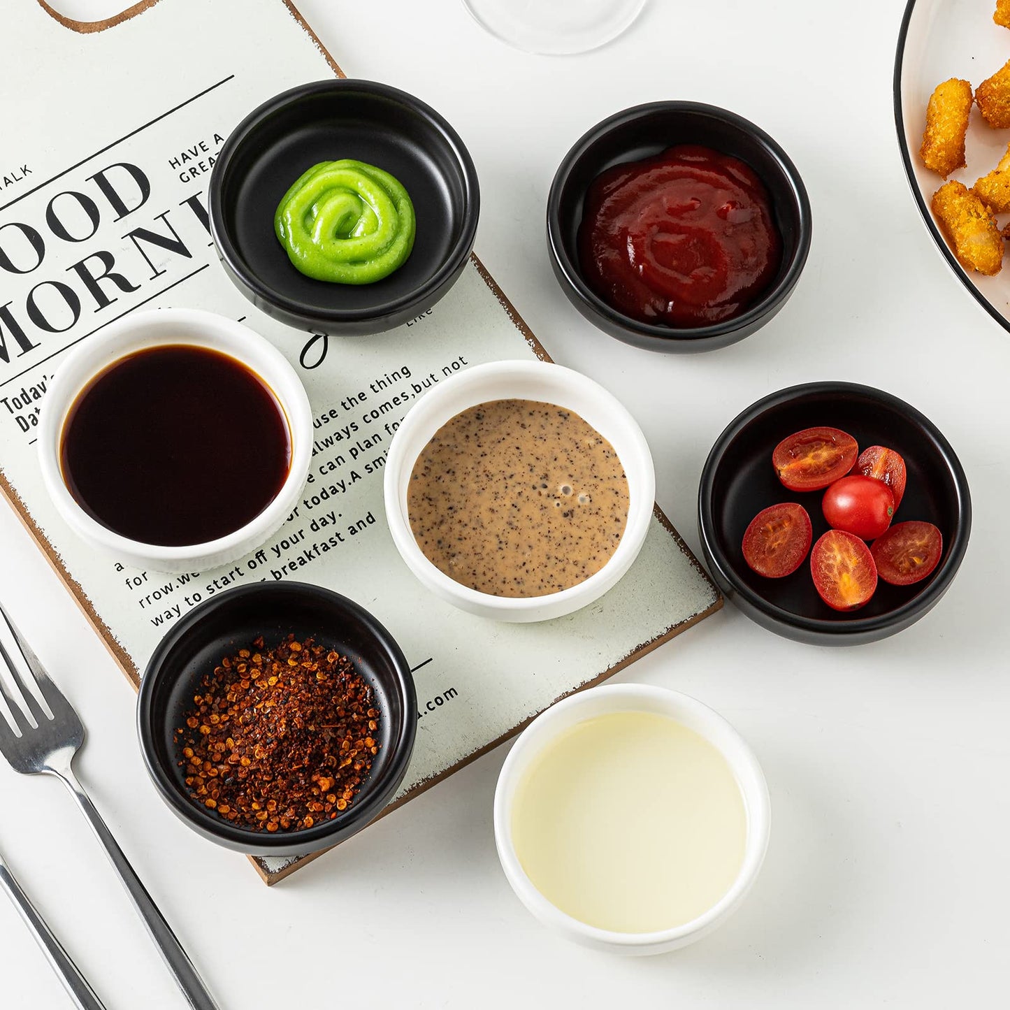 KAMAIDI Dipping Bowls Set, Ceramic Sauce Dishes, 2 oz Soy Sauce Dish, Side Bowls, Small Bowls for BBQ, Condiments, Appetizer, Dessert, Sushi, Set of 6 (White)