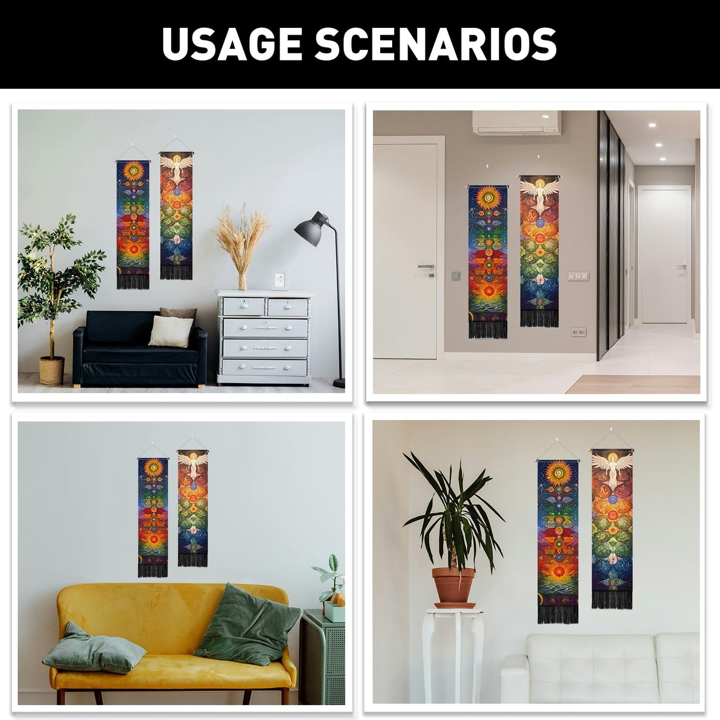 PLIGREAT 2 Pack Chakra Tapestry Meditation Long Tapestry with Tassels Aesthetic Wall Hanging for Bedroom Bathroom Living Room Dorm Room Long Narrow Wall Hanging Home Office Art Decor