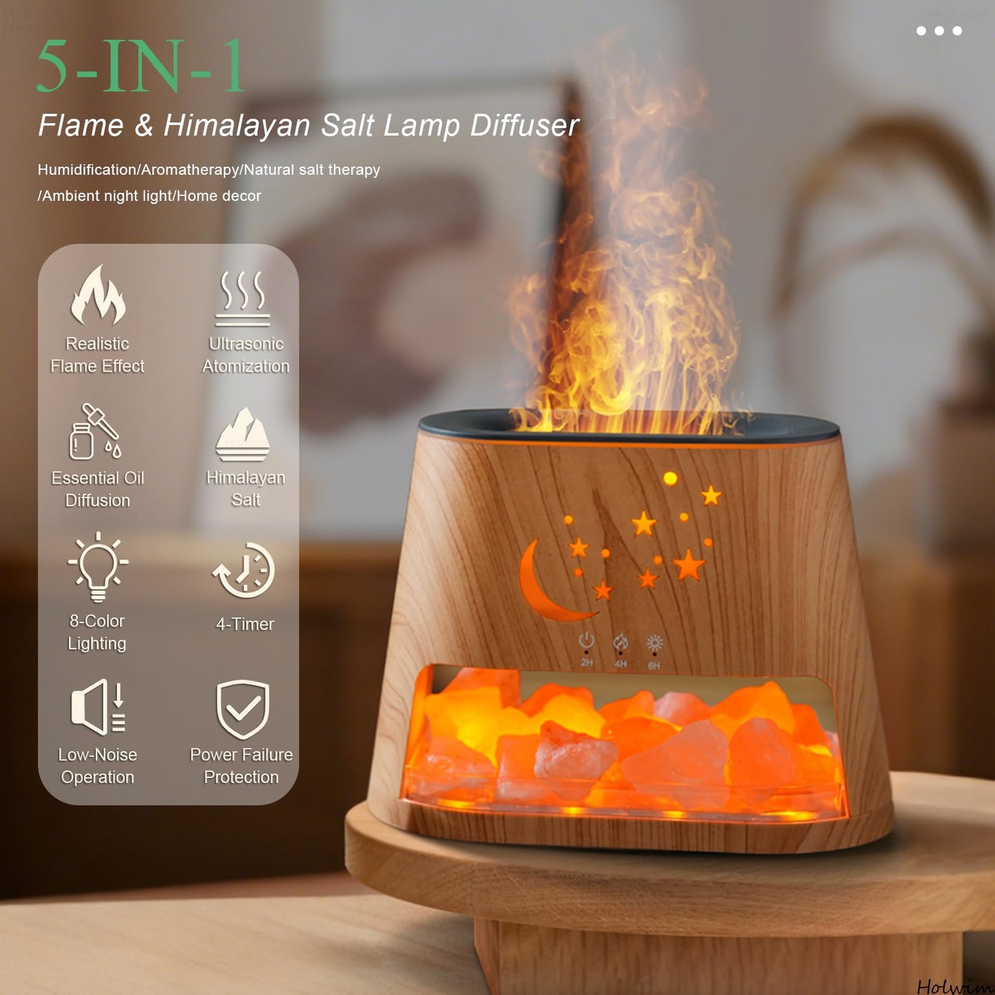 Flame Essential Oil Diffuser & Himalayan Salt Lamp: 260ml Aromatherapy Diffuser & Ultrasonic Cool Mist Humidifier with Himalayan Pink Salt Rock, Remote, 7-Color LED, 3 Timer (Moon Star + Wood Grain)