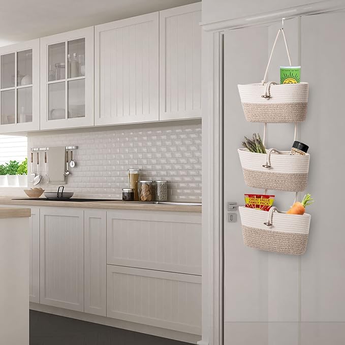 Over the Door Basket Cotton Rope Organizer, 3-Tier Wall Hanging Storage Basket