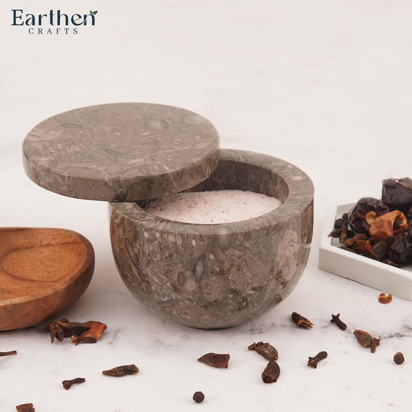 Earthen Crafts Marble Salt Cellar with Swivel Magnetic Lid 4" Salt Box Oceanic Salt & Pepper Container, Salt Keeper, Spice Jar Ideal for Kitchen or Bath Salt Storage, 5.6 OZ