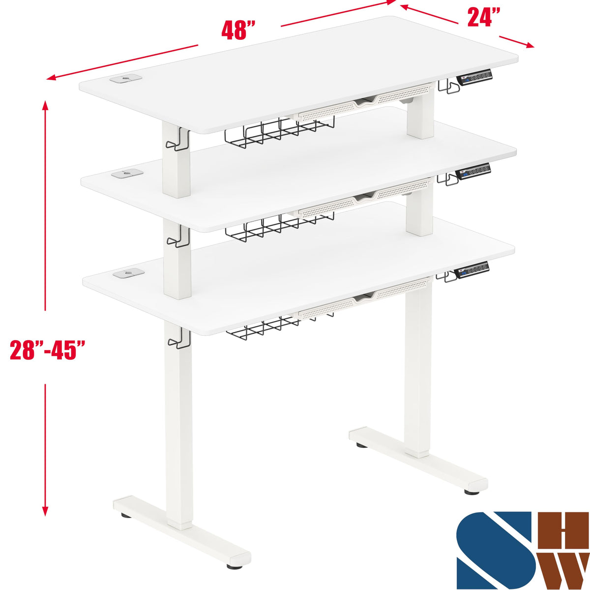 SHW 48-Inch Electric Height Adjustable Standing Desk with Drawer, Memory Preset and Cable Management Tray, White