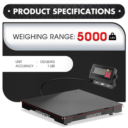 Industrial Floor Scale 48x48 Inch - 5000lb x 1lb, Heavy Duty Platform Weighing Scale with Digital Display