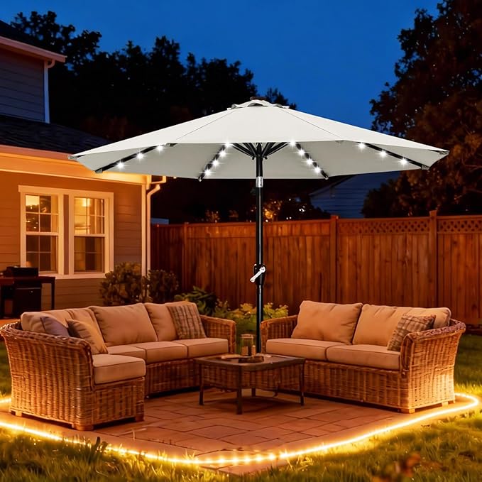ABCCANOPY Durable Solar Led Patio Umbrellas with 32LED Lights 9FT (Light Beige)