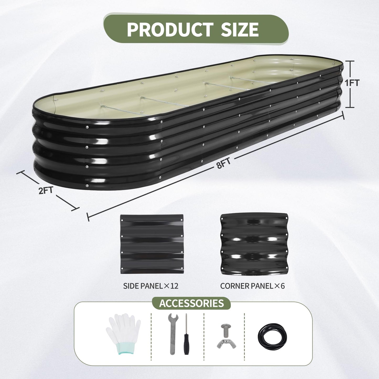 Permade Galvanized Raised Garden Bed Outdoor- Raised Beds for Gardening| Metal Planter Box, Steel Raised Garden Bed Kit with Safety Edging and Gloves for Vegetables, Flower, Herbs (8x2x1FT, Gray)